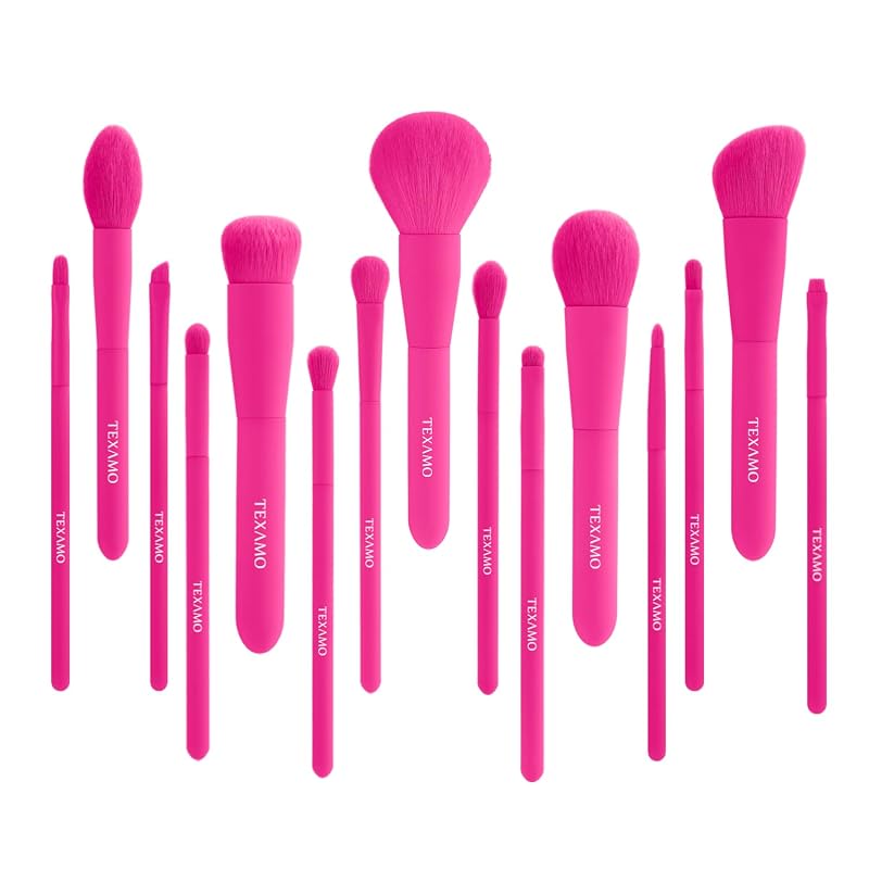 Kit de Pincéis de Maquiagem TEXAMO com 15 Unidades, Fibras Sintéticas, Hot Pink, Estojo Dourado