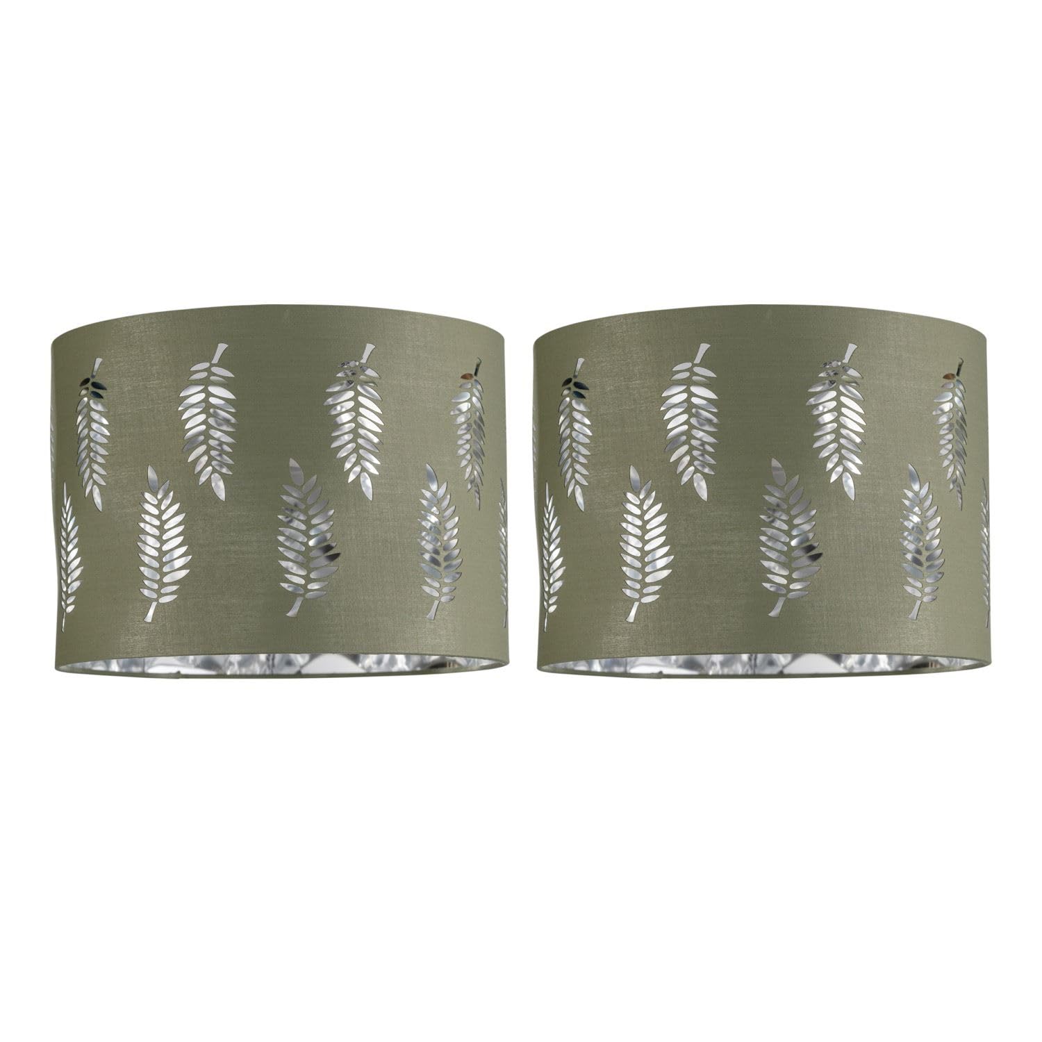 Firstchoicelighting Sage Green Set Of 2 Pendant Shades, Easy Fit Ceiling Lightshades, Fern Leaf Cut Out Design, Diameter 25Cm