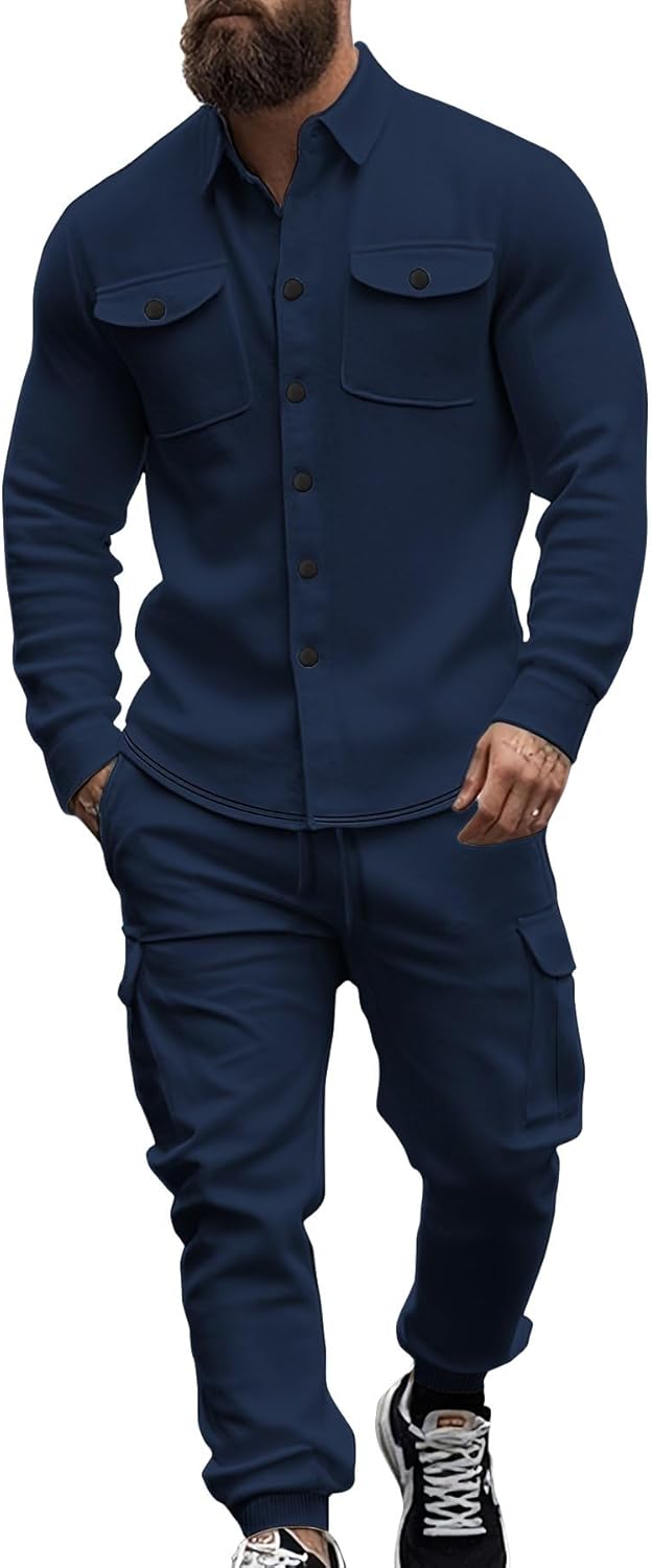 Men's Fleece Cargo Jacket Tracksuit Set 2 Pieces Solid Color Long Sleeve Button up ...