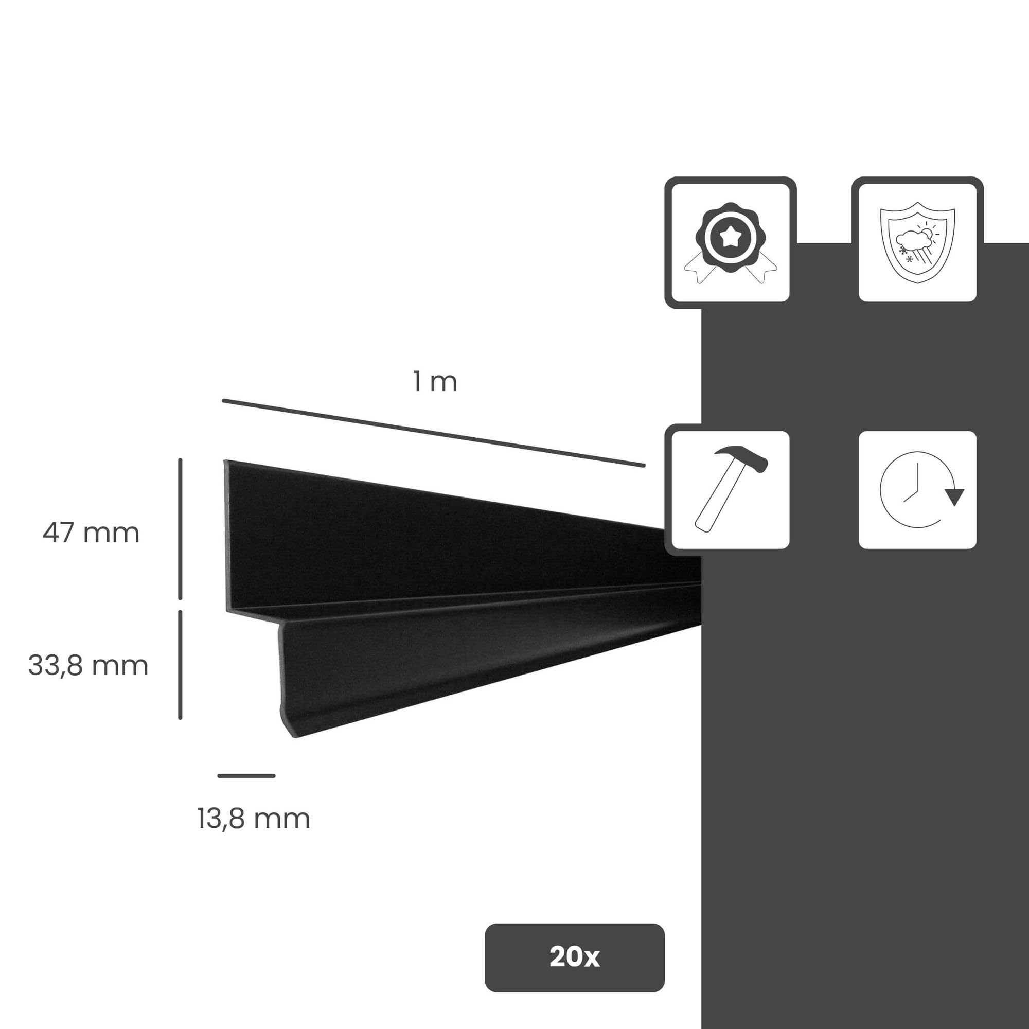 Fassadenprofile Perfil final demembrana con hoyuelos, protección de pared demembrana con hoyuelos 1m, 20 piezas Negro, perfil base, perfil de cubierta paramembrana con hoyuelos