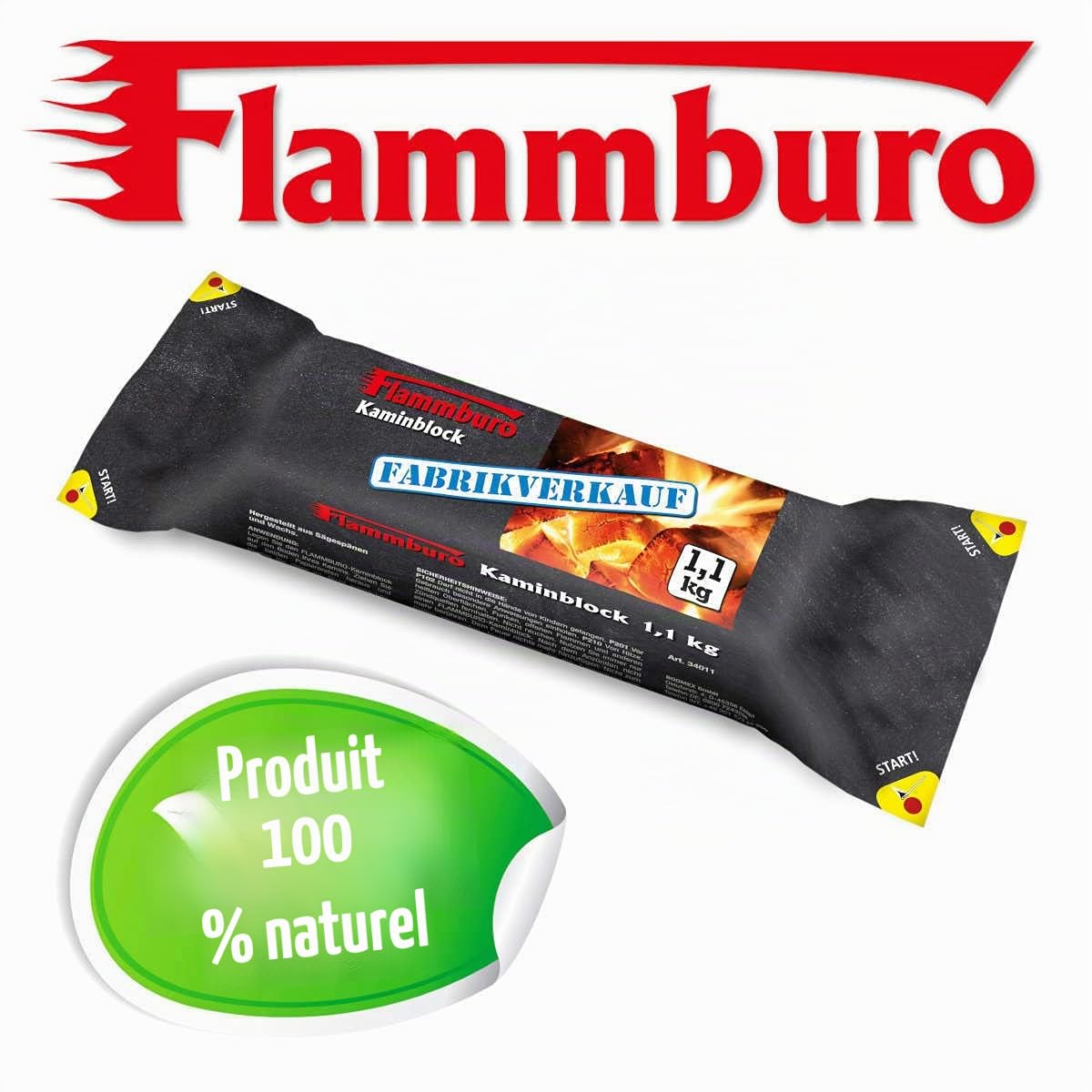 FLAMMBURO Lot de 10 blocs de cheminée de 1,1 kg – Bois de cheminée, bois de chauffage, bois, cheminée, poêle, bûches de cheminée, combustible, Firelog, Eco-Block, briquet, allume-feu, allume-feu,