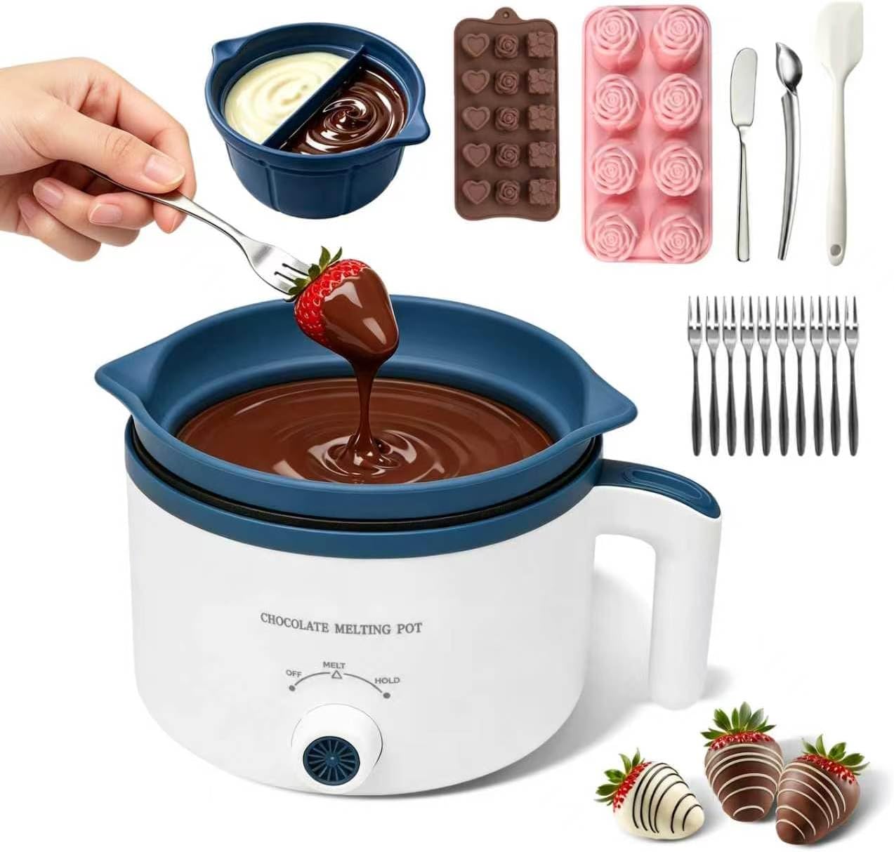Electric Chocolate Melting Pot with Accessories & 2 BPA-Free Insert Pots | Fast Melt & Heat Hold, Full Accessories, Easy Cleanup, Ideal for Chocolate & Candy Melts, Family Parties, Movie & Game Nights