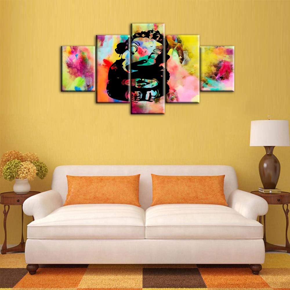 Ganesha Canvas Painting Indian Lord Wall Decor Pictures 5 Panel Canvas Religious Artwork Home Decor for Living Room Giclee Wooden Framed Gallery-wrapped Ready to Hang Posters and Prints(60''Wx32''H)