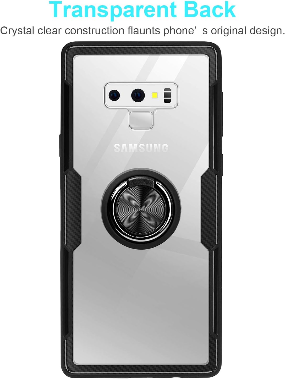 WATACHE Galaxy Note 9 Case, Clear Crystal Carbon Fiber Design Armor Protective Case with Finger Ring Grip Holder Kickstand [Work with Magnetic Car Mount] for Samsung Galaxy Note 9,Clear/Black Frame