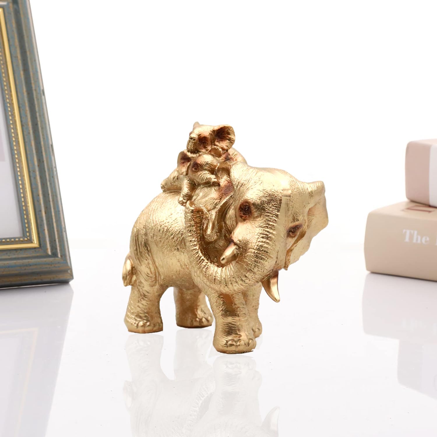 Irayin Elephant Statue - Elephant Ornament with Two Calves, Gold Gift for Women Mom, Home Decor, Cute Gold, 15*15*5 - Image 3