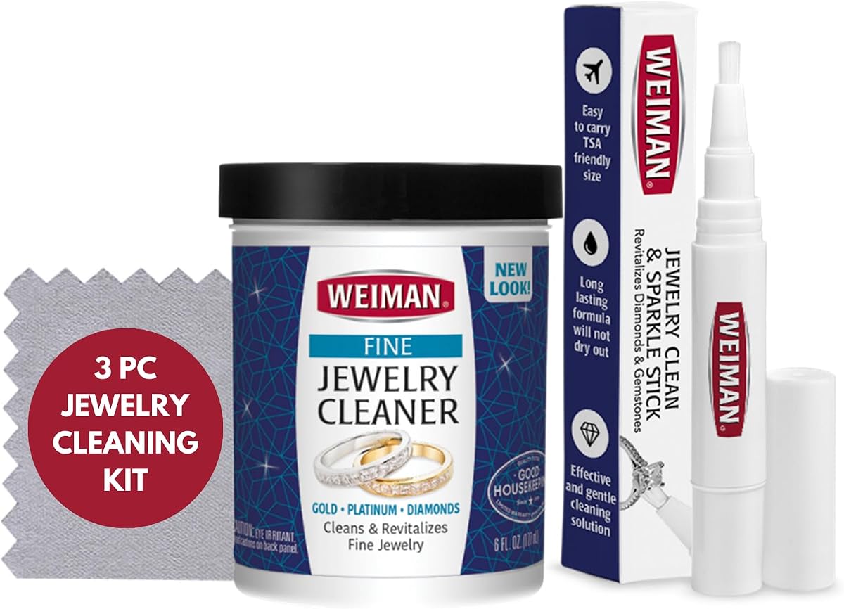 Weiman Fine Jewelry Cleaner Kit – 3PC Set, Jewelry Cleaning Liquid, Clean & Sparkle Stick and Polishing Cloth – For Diamonds, Earrings, Gold, Bracelets