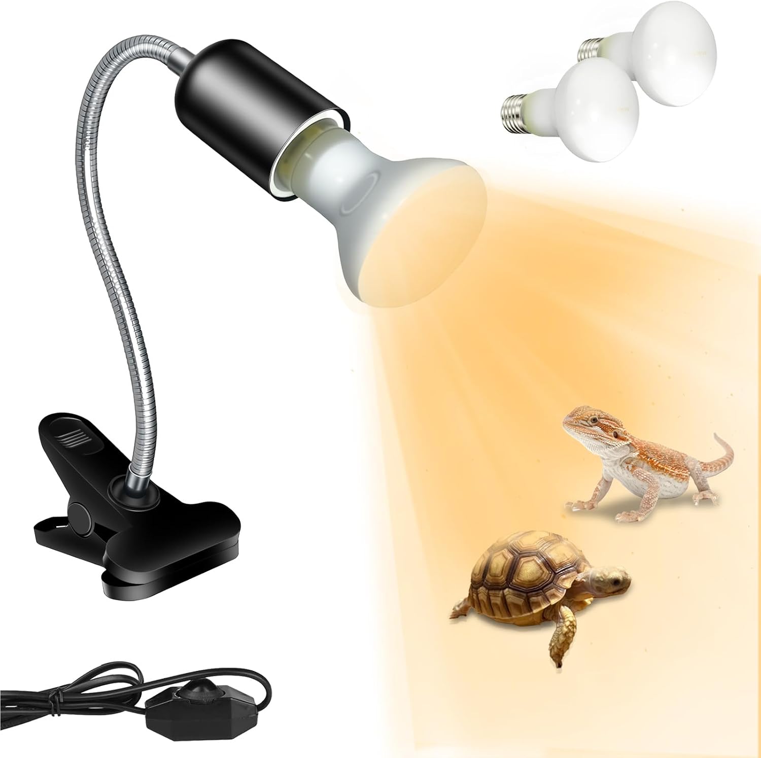 Reptile Heat Lamp with Clamp, UVA UVB Reptile Light with 360° Rotatable, Dimming and 2Pcs 50W Heat Bulb Simulated Sunlight Basking Light for Turtle Tortoise Lizard Snake Bearded Dragon