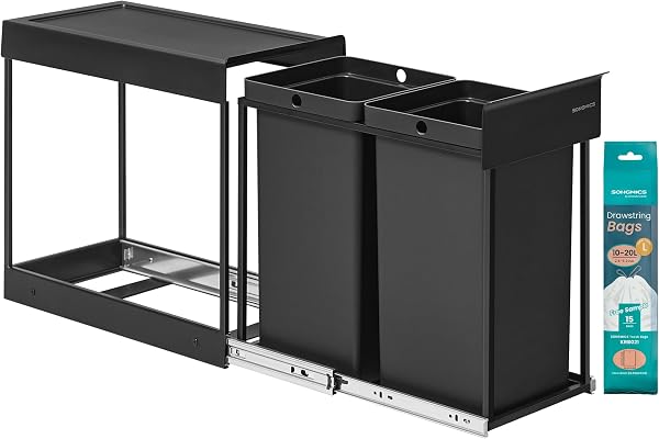 Detailansicht des SONGMICS LTB950B01 Mülleimers, der mit seinen Metallschienen und dem Stahlrahmen eine stabile Konstruktion zeigt.