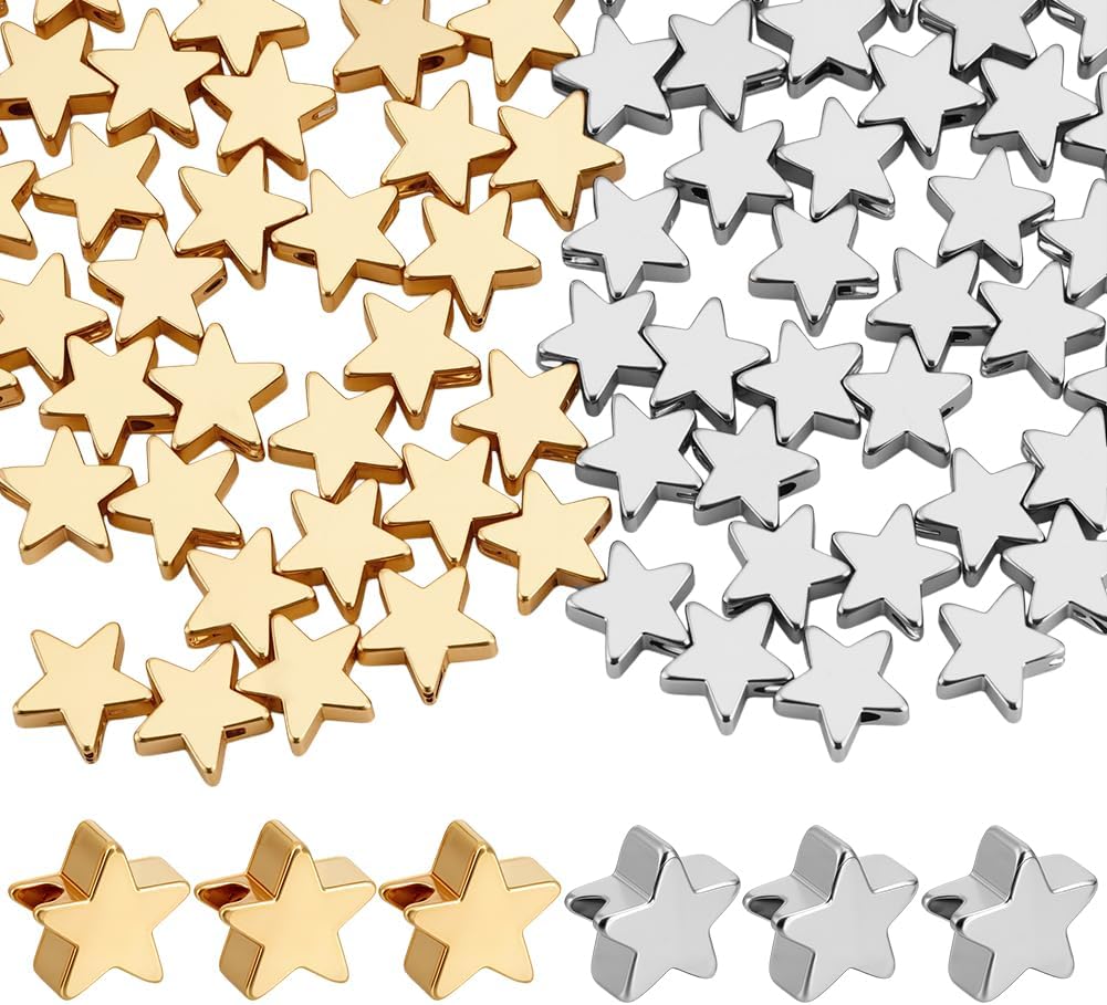 PH PandaHall 100pcs 18K Gold Plated Star Beads Twinkle Star Beads 6mm Stars Shaped Craft Bead Golden Silver Bracelet Bead for Jewelry Making Craft Necklace Earring, 2 Colors