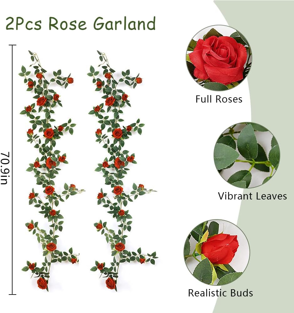 2Pcs Artificial Flower Garland 5.9ft Bendable Fake Rose Vine Hanging Silk Ivy Floral Plants Garland for Wedding Arch Party Outdoor Garden Ceremony Background Trellis Fence, Total 11.8Ft, Red