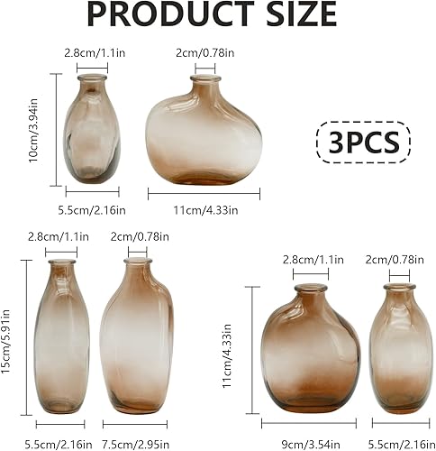 Miniatura 2 de Juego de 3 jarrones de vidrio ámbar, pequeños jarrones de vidrio para flores, jarrones vintage para centros de mesa, jarrón de flores a granel para