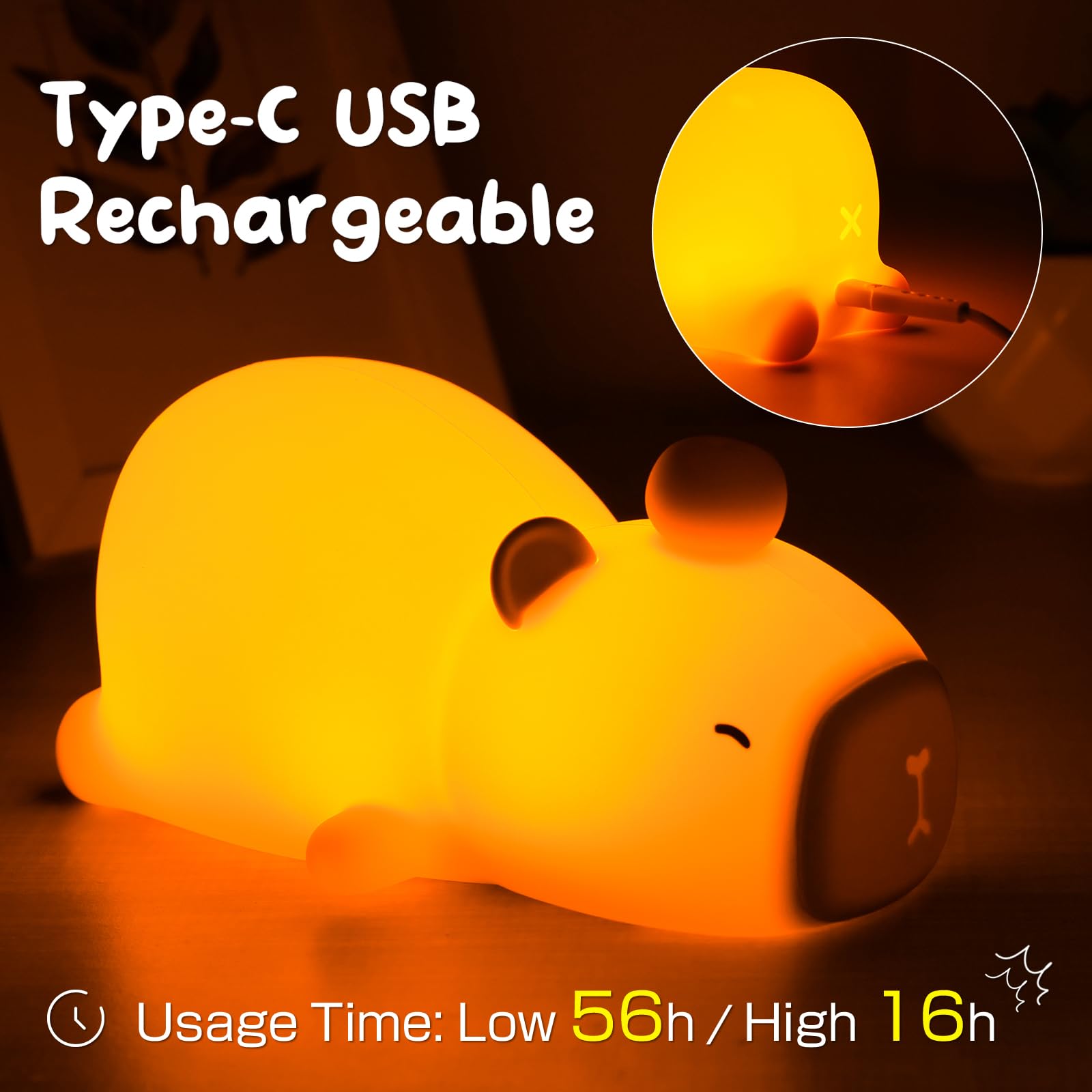 PSDRIQQ Capybara Night Light Cute Squishy Silicone Nursery Nightlight Dimmable Animal Bedside Lamp with Tap Control Christmas Gift for Kids Girls Boys Women