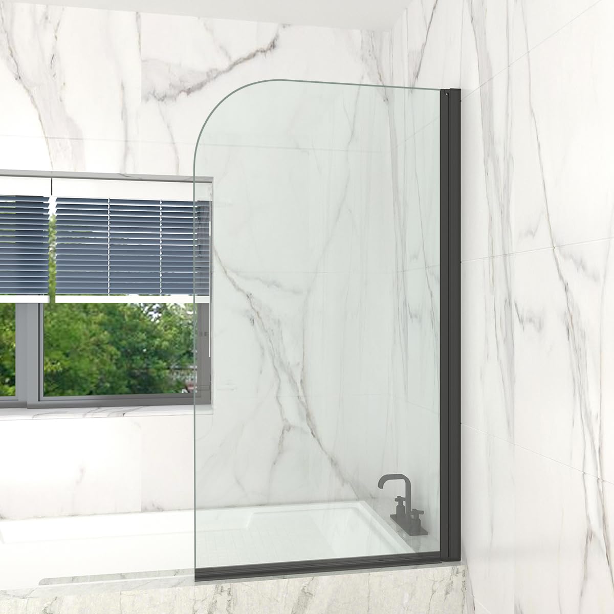 T&K Shower Screen 800x1400mm Pivot Bath Screen Panel Black Round Edge 5mm Toughened Double-Sided Easy Clean Glass Bathroom Shower Door
