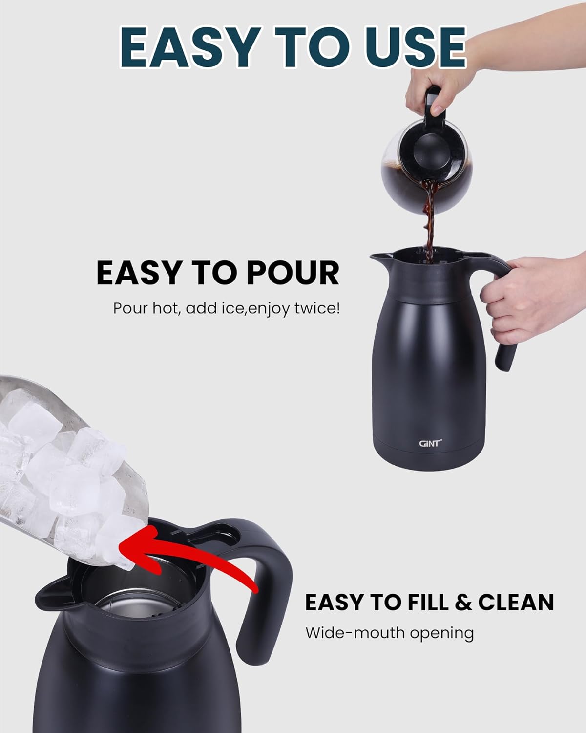 GiNT 51Oz Stainless Steel Thermal Coffee Carafe with Lid/Double Walled Vacuum Thermal Carafe / 12 Hour Heat Retention (Black, 1.5L)