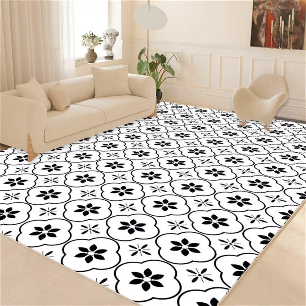 Tapis de chambre décontracté motif floral noir et blanc idéal éveil bébé