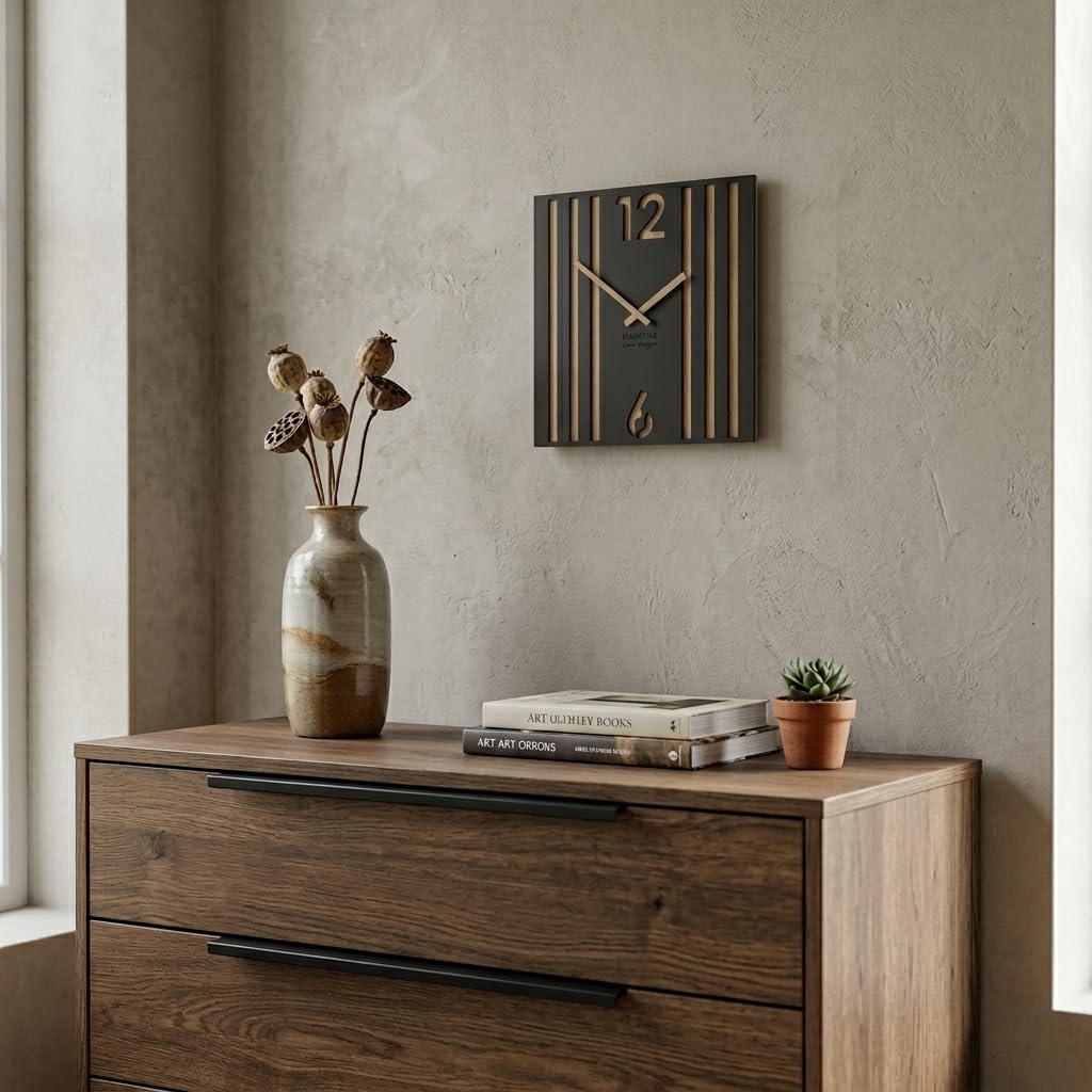 FLEXISTYLE Quadratische Wanduhr ohne tickgeräusche modern LAMELE 30cm Holz Eiche schwarz Wohnzimmer ohne tickgeräusche