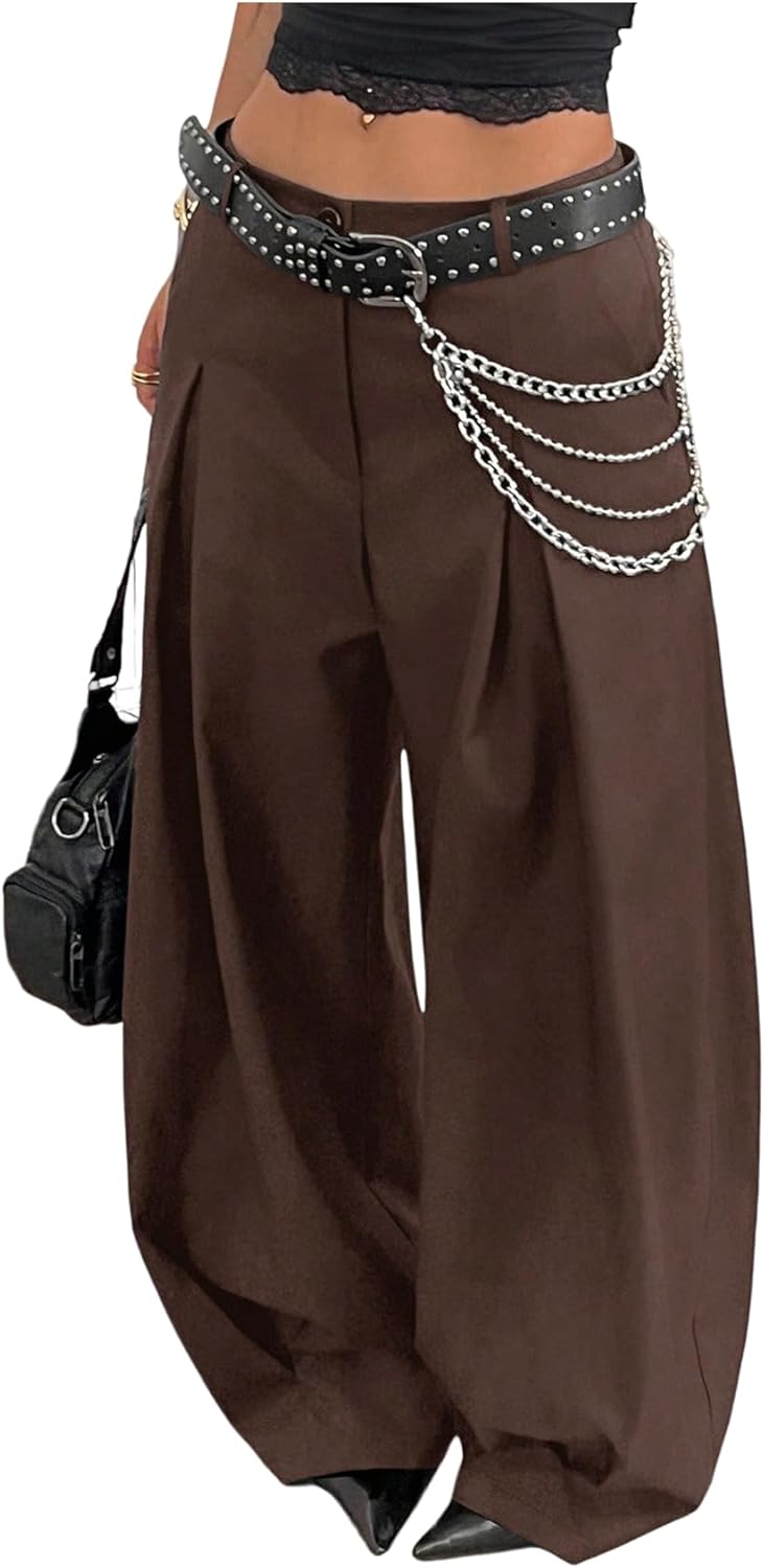 Verdusa Women's Wide Leg Dress Pants Baggy Long Trousers with Pockets Streetwear