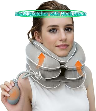 Neck Stretcher with Neck Brace, Cervical Traction, Neck Relief Tool, Adjustable Inflatable Collar Brace, Home Use, Decompression, New Technology, Breathable Fabric, Washable Grey