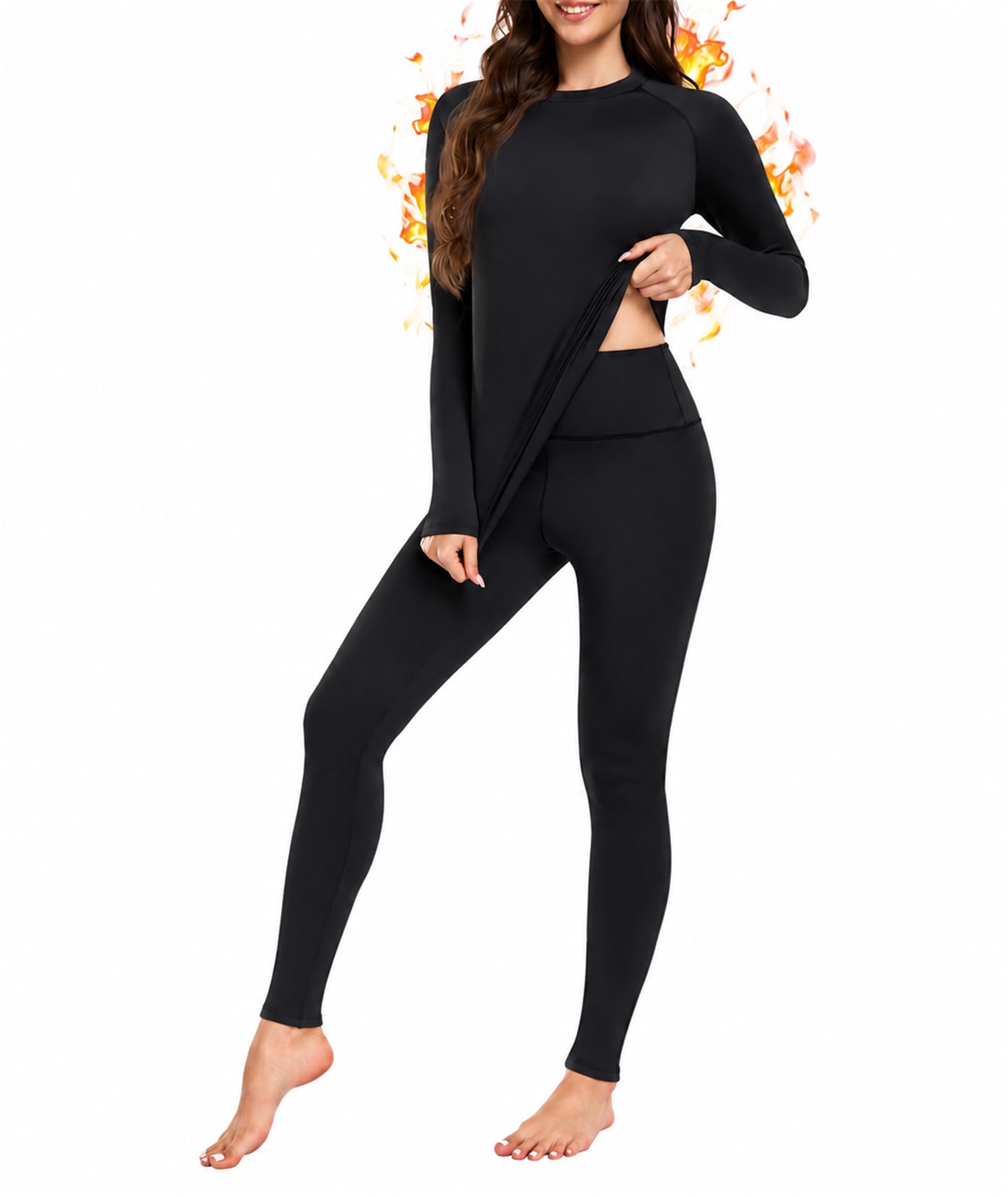 SIHOHAN Thermounterwäsche Damen Set Skiunterwäsche Thermal Underwear Base | Set mit Langarmshirt und Hose| mit Gerafften Schultern| Hohe Taille,Innenfleece| 4-Wege-Stretch| Atmungsaktiv