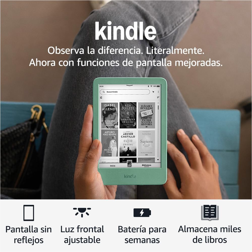 Kindle device displaying various book covers, highlighting the improved screen features.