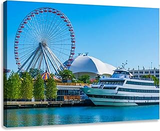 BGTY FTGHRF Canvas Wall Art Decor for Living Room Bedroom Chicago's Navy Pier along the Chicago River ferris wheel Prints Pictures Paintings Bathroom Kitchen Office Home Decoration Artwork 24x32