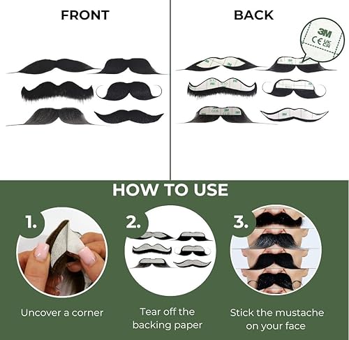 Miniatura 6 de Mustaches Mezcla de bigote falso autoadhesiva, novedad, paquete de valor de cabello facial falso (6 unidades)
