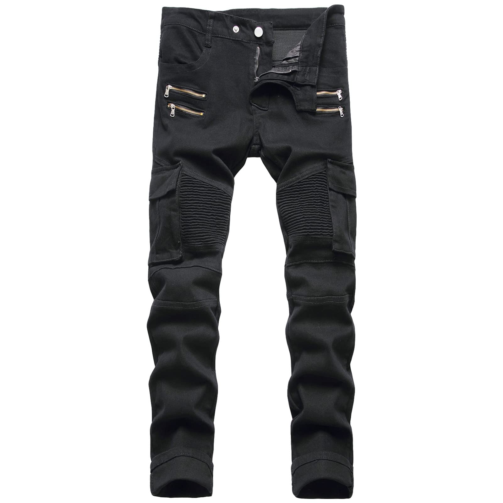 Men's Zipper Moto Biker Jeans Distressed Ripped Destroyed Denim Pants Vintage Slim Straight Fit Jean with Holes