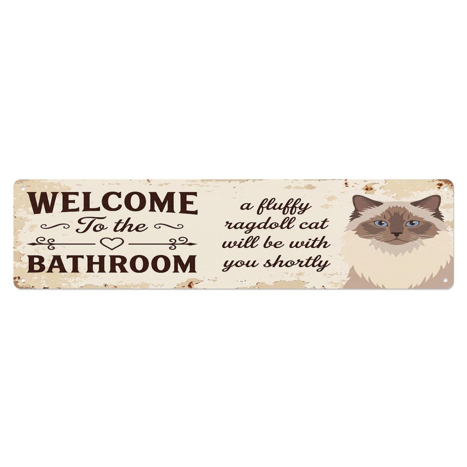 Vintage WELCOME To The BATHROOM Fluffy Ragdoll Cat Metal Tin Sign