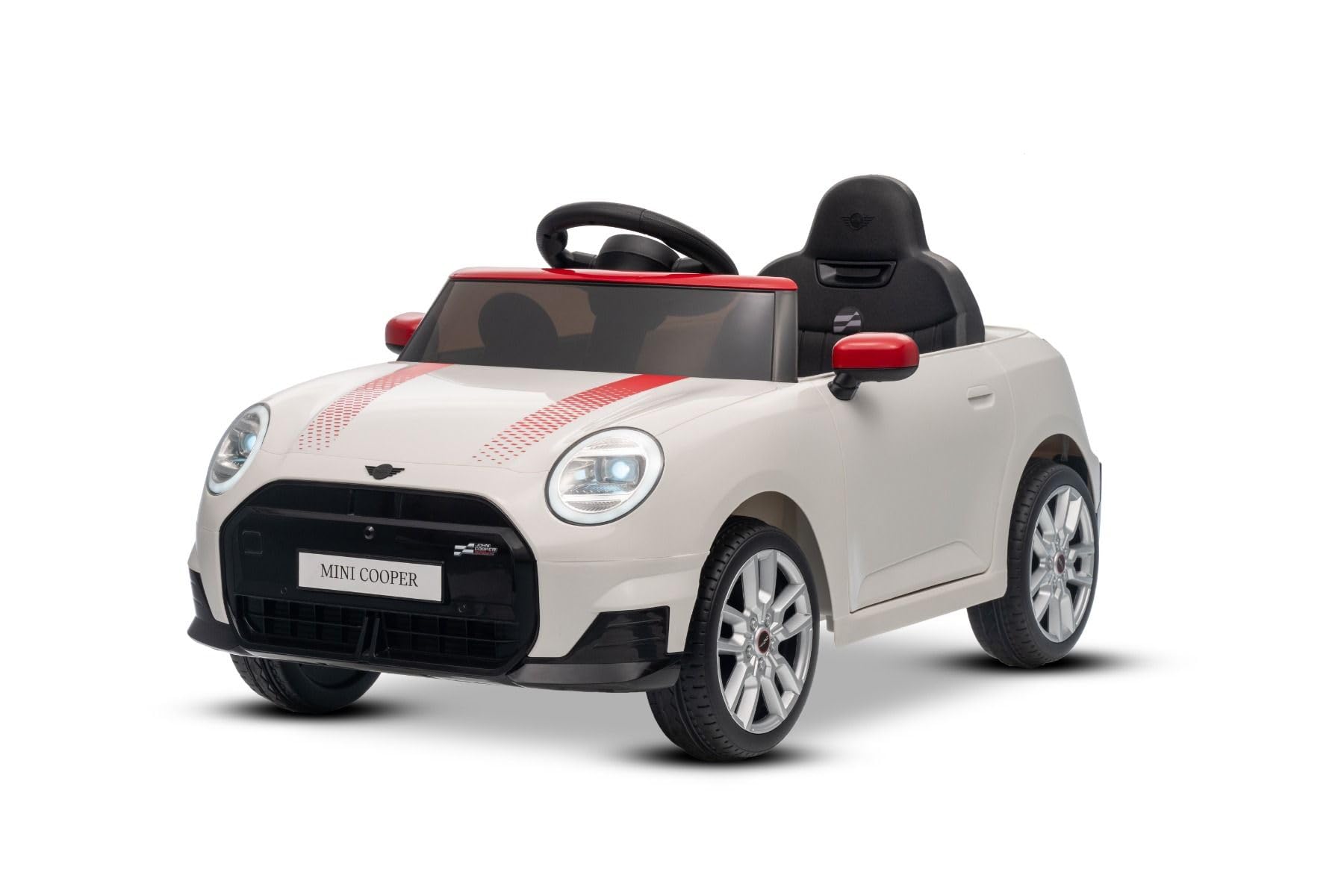 Elektrisches Kinderfahrzeug BMW Mini Cooper 12V, weiß, MP3-Player mit USB- und Bluetooth-Anschluss, 2,4-GHz-Fernbedienung, 2 x 25 W Motor, Lithium-Akku, LED-Lichter, ORIGINAL-Lizenz