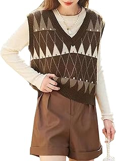 Sponsored Ad - Hyipels Argyle Sweater Vest Women y2k Plaid Knitted Streetwear Preppy Style V Neck Crop Knitwear School Tan...