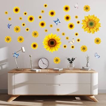 Sunflower Wall Stickers with 3D Butterfly Removable Yellow Flower Wall Decals Waterproof Sunflower Decor Mural for Nursery Baby Kids Bedroom Living Room Bathroom Kitchen Decoration 44 Pcs Yellow