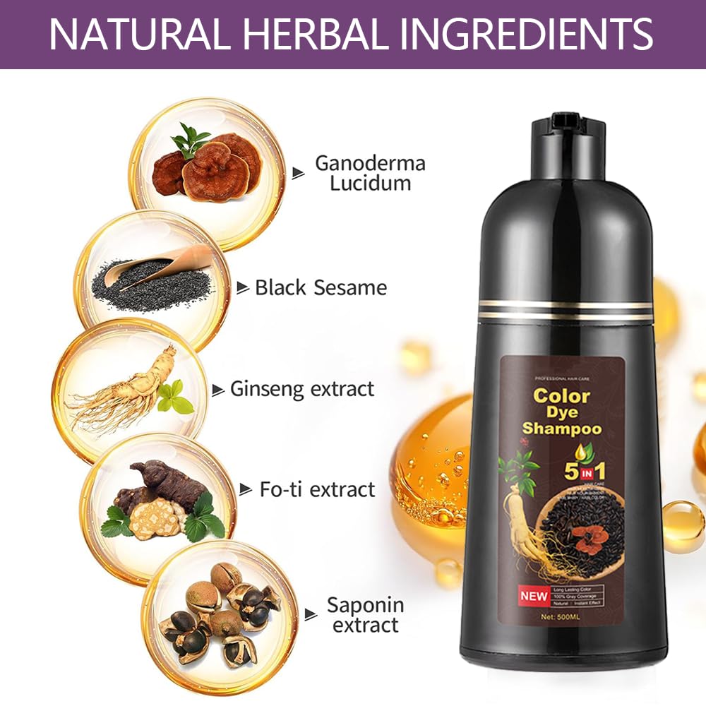 Instant Natural Brown Hair Color Shampoo - 5 in 1 for Gray Hair 100% Coverage in 10-15 mins, Long Lasting, 500ml (Purple) - Image 3
