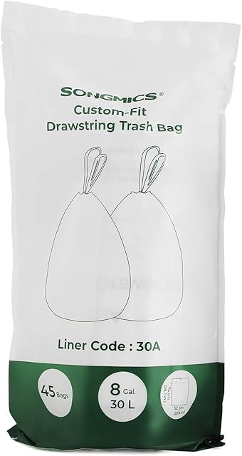 SONGMICS Drawstring Bin Bags, Bin Liners for 30L Rubbish Bins, Code 30A, Custom-Fit, 1 Roll, 45 Pieces, White KRB30A