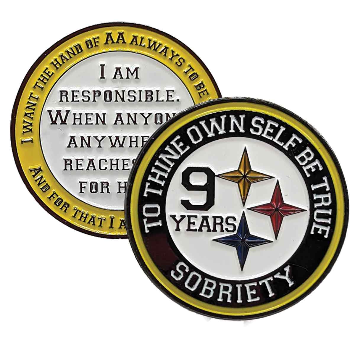 "Black and Gold Recovery Medallion in Years 1-50 with Alcoholics Anonymous Responsibility Pledge " (Year 9)