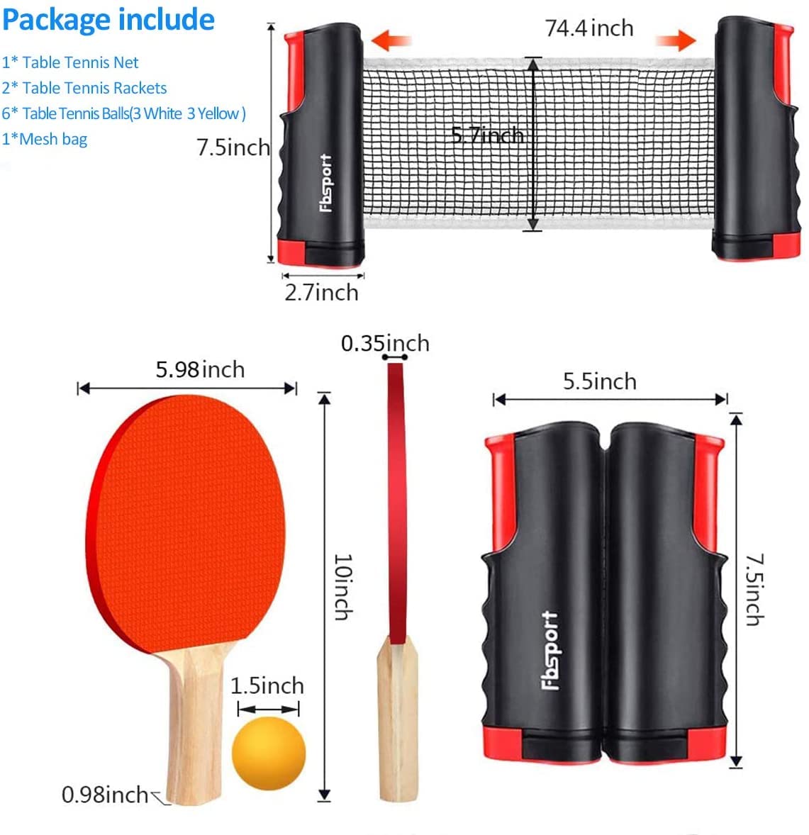 FBSPORT Sets de Ping Pong, Raquetas de Tenis de Mesa Profesionales, 6 Pelotas, Red Retráctil, Bolsa