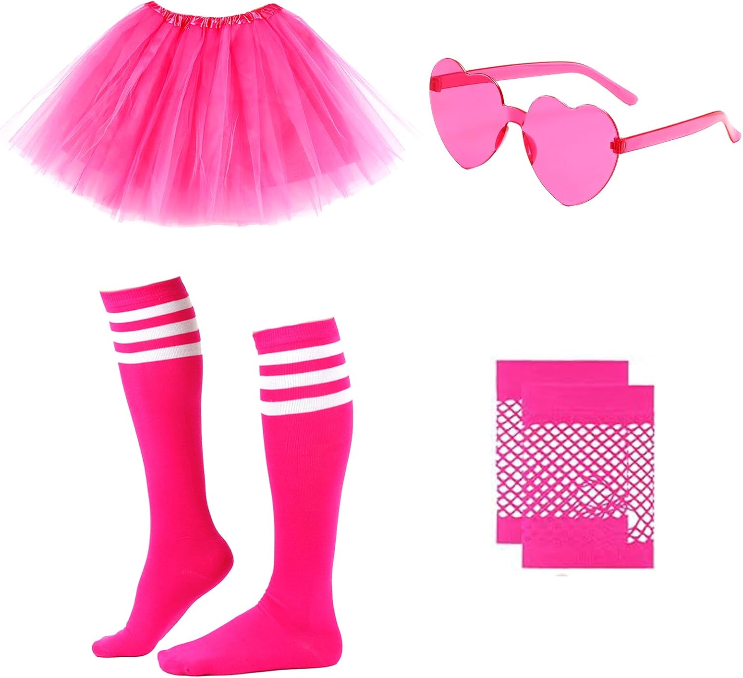 Women's Tutu Costume with Socks Glove Set, 4 Layered Neon Tutu Halloween Spirit Day Week Party Running Skrit