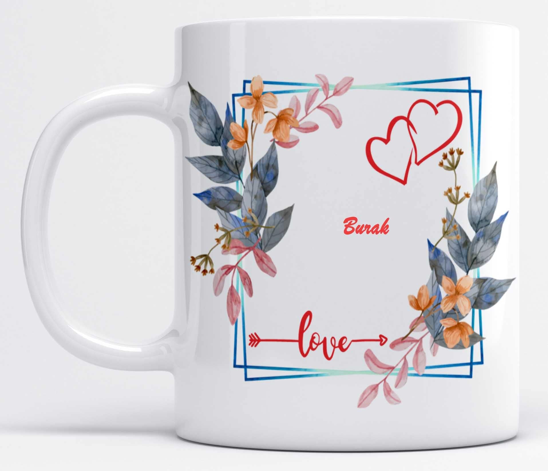 LOROFY Name Burak Printed Blue Floral Frame Design White Ceramic Coffee Mug (350ML)