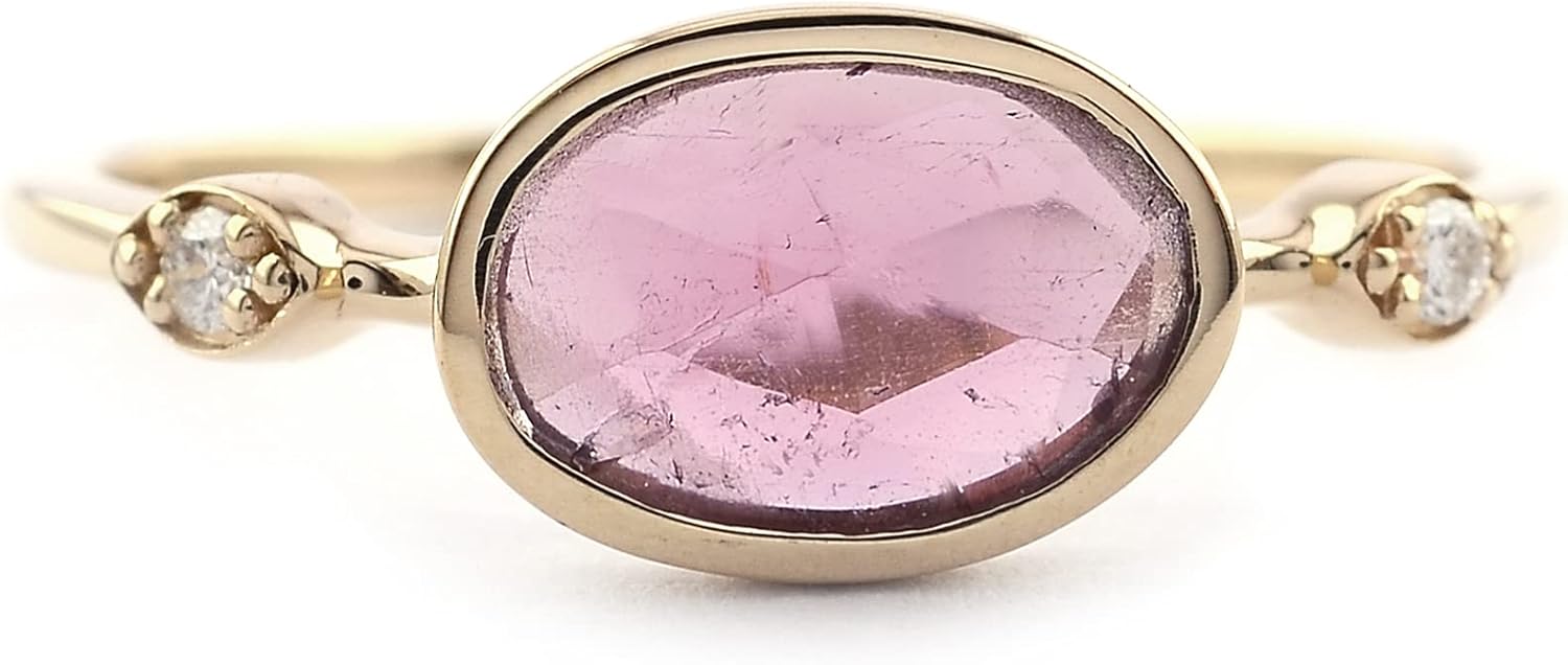 Genuine Pink Tourmaline Ring Solid 14K Rose Gold Oval Cut Pink Tourmaline Gemstone Diamond Engagement Rings For Women