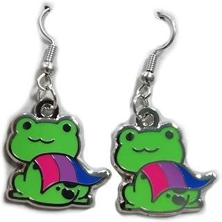 Bisexual Pride Frog Earrings in Bi LGBT+ Flag | Chibi Superhero Gay Frog Earrings, Stainless Steel, No Gemstone
