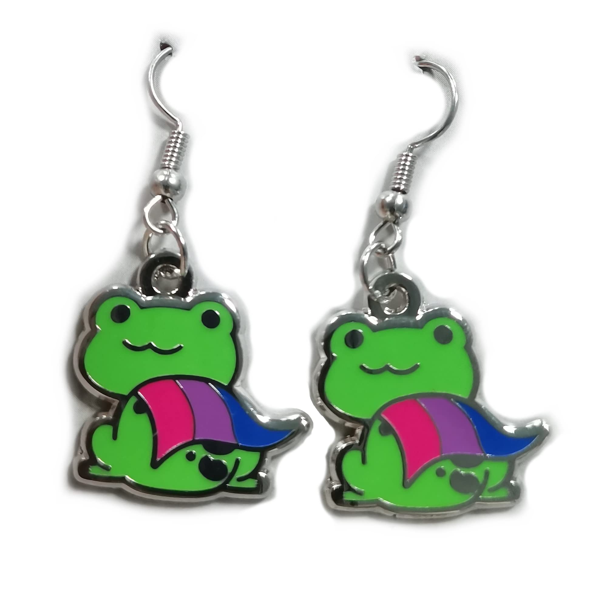 Pendientes de rana de orgullo bisexual en bandera Bi LGBT+ | Pendientes de rana gay de superhéroe Chibi, acero inoxidable, sin piedras preciosas, Acero inoxidable, No es una piedra preciosa