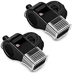 Whistle, 2 Packs Sports Whistles with Lanyard & Mouth Grip, Loud Crisp Sound, Black Plastic Whistles Ideal for Coaches, Referees, and Officials
