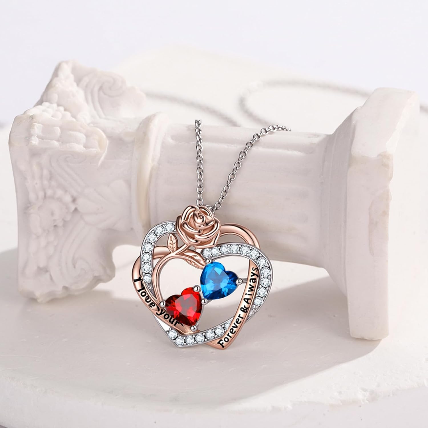 Rose Heart Necklaces for Women, 14K Rose Gold/White Gold Filled Overlapping Double Hearts Birthstone Pendant, Mother's Day Valentine's Day Anniversary Birthday Christmas Jewelry Gifts for Wife Mom Daughter Her - Image 4