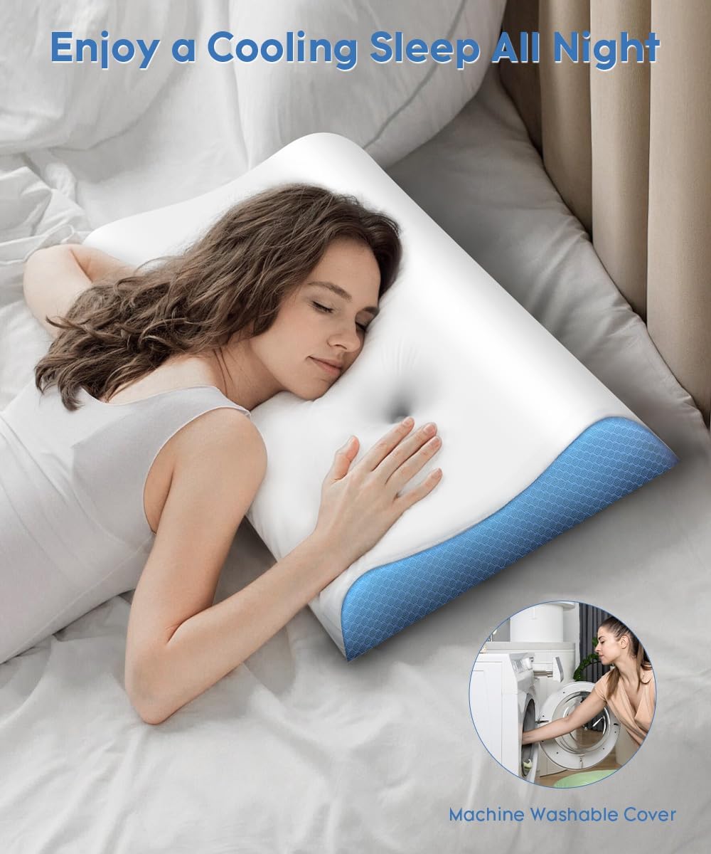 Cervical Pillow for Neck Pain Relief - Contour Pillow Memory Foam Pillows for Sleeping, Double Ear Relief Zones Neck Pillow, 6CM Enhanced Neck Support Cooling Bed Pillow for All Sleep Positions