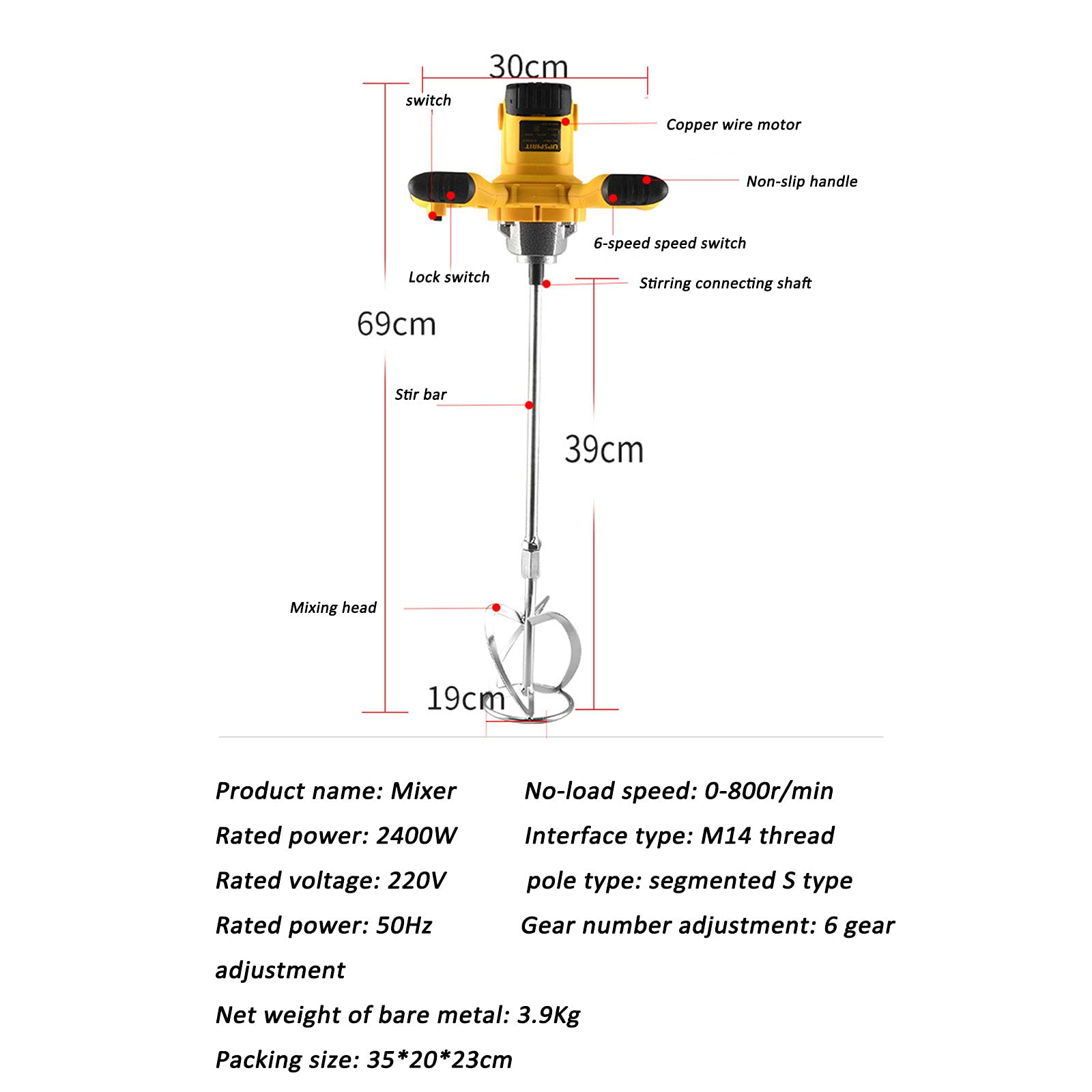 Mezclador de Cemento eléctrico de Mano de 2400 W, Ajustable, con 6 velocidades, para hormigón, mortero, lechada y Yeso (Amarillo)