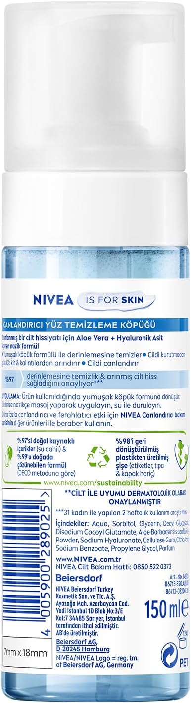 NIVEA Canlandırıcı Yüz Temizleme Köpüğü 150ml, Derinlemesine Temizleme,Karma Normal Cilt, Aloe Vera, Hyaluronik Asit, Ferahlatıcı