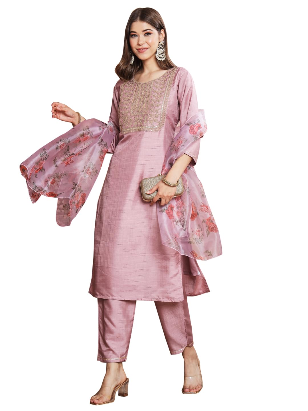 VredeVogel Women's Silk Blend Solid Embroidered Kurta with Trousers Pant and Organza Dupatta Set