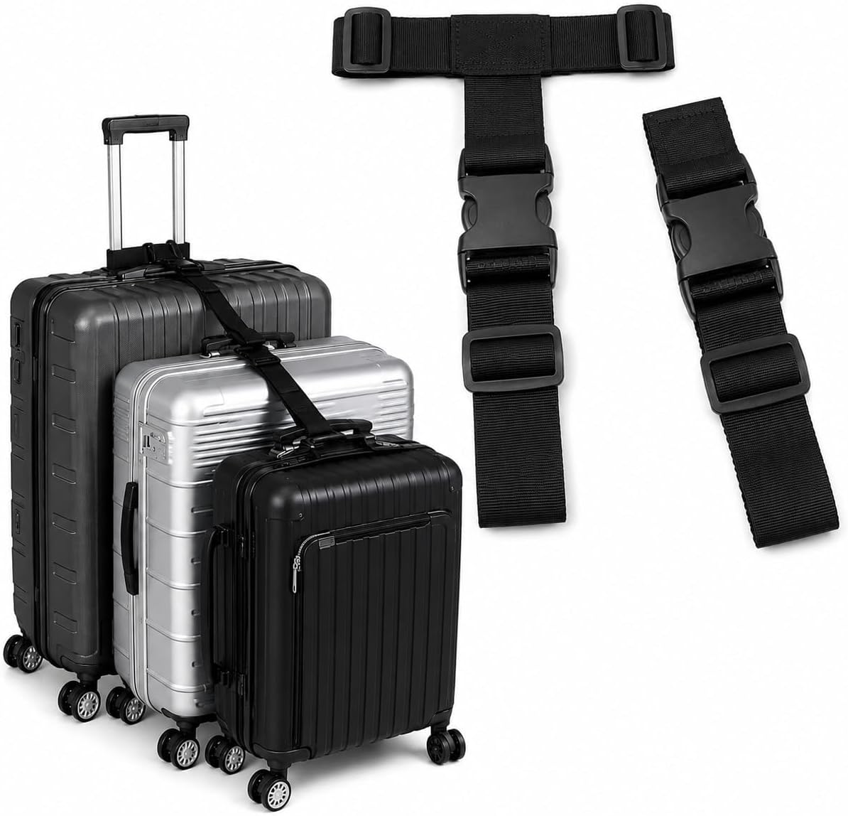 2 Pack Black Luggage Straps for Suitcases, Luggage Straps to Connect Two Suitcases, Adjustable T-Type and Normal Suitcase Straps for Connect 3 Luggage Together