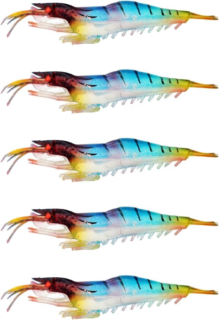 5PCS Soft Plastic Shrimp Lure，Luminous Fishing Bait Artificial Fishing Bait Fishing Lure Shrimp Prawn Bait for Freshwater Saltwater 9cm LY-RX09