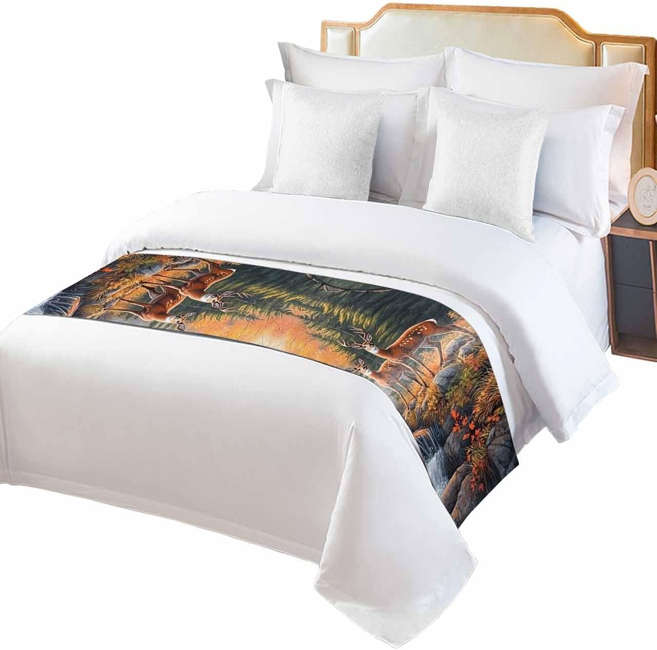 Orange Botanical Elk Bed Runner for Full/Queen Size, Farmhouse Deer River Bedspread Protector Slipcover Bed Scarf for Foot Runners & Scarves for Bedroom Hotel Wedding Room 83x20 Inches