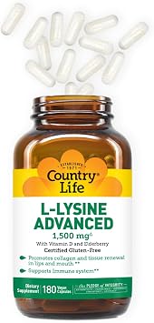 Country Life L-Lysine Advanced 1500 mg, Vitamin D3, 180 Capsules